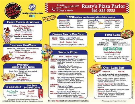 Bakersfield Rusty's Pizza Menu Guide