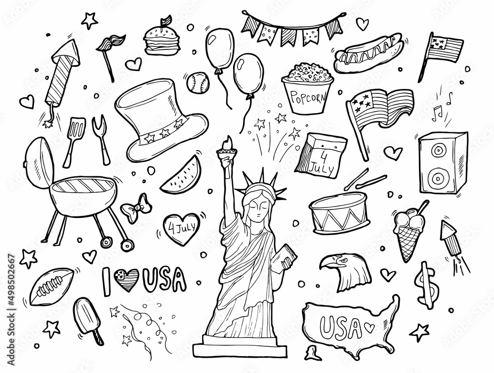 Fourth Of July Doodle Set National Symbols Of Usa Independence Day