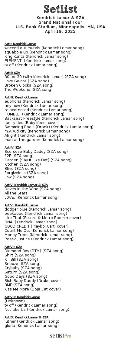 Grand National Tour Setlist