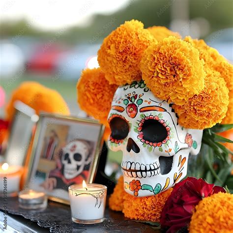 Vibrant And Ornate Dia De Los Muertos Altar Display Featuring Colorful